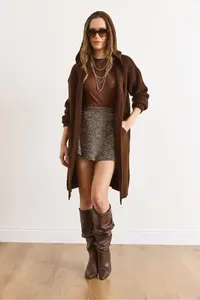 Olalook Women's Bitter Brown Hooded Soft Textured Thick Cardigan with Pockets - Image 2