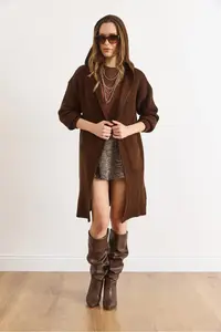Olalook Women's Bitter Brown Hooded Soft Textured Thick Cardigan with Pockets - Image 3
