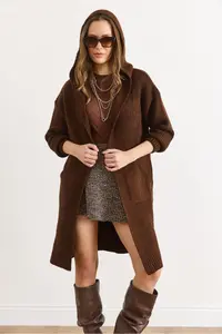 Olalook Women's Bitter Brown Hooded Soft Textured Thick Cardigan with Pockets - Image 4