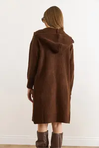 Olalook Women's Bitter Brown Hooded Soft Textured Thick Cardigan with Pockets - Image 6