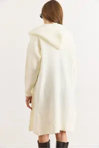 Olalook Women's Ecru Hooded Soft Textured Thick Cardigan with Pockets - Image 4