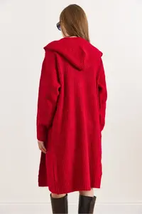 Olalook Women's Red Hooded Soft Textured Thick Cardigan with Pockets - Image 3