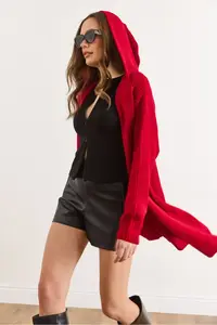 Olalook Women's Red Hooded Soft Textured Thick Cardigan with Pockets - Image 4