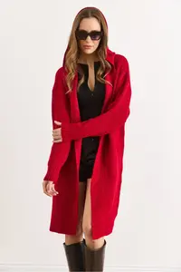 Olalook Women's Red Hooded Soft Textured Thick Cardigan with Pockets - Image 5