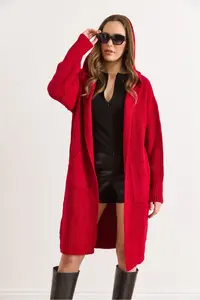 Olalook Women's Red Hooded Soft Textured Thick Cardigan with Pockets - Image 6