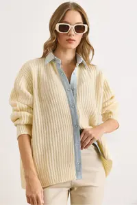 Olalook Women's Ecru Denim Detailed Stud Knitwear Shirt Cardigan