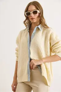 Olalook Women's Ecru Denim Detailed Stud Knitwear Shirt Cardigan - Image 2
