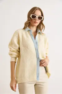 Olalook Women's Ecru Denim Detailed Stud Knitwear Shirt Cardigan - Image 5