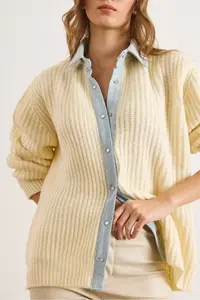 Olalook Women's Ecru Denim Detailed Stud Knitwear Shirt Cardigan - Image 6