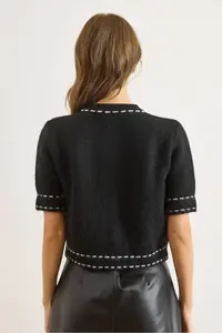 Olalook Women's Black Stripe Detailed Soft Textured Crop Beard Cardigan - Image 3