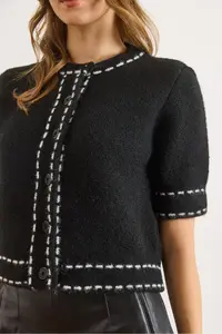 Olalook Women's Black Stripe Detailed Soft Textured Crop Beard Cardigan - Image 4