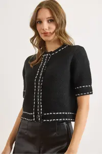 Olalook Women's Black Stripe Detailed Soft Textured Crop Beard Cardigan - Image 5