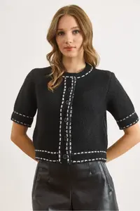 Olalook Women's Black Stripe Detailed Soft Textured Crop Beard Cardigan - Image 6