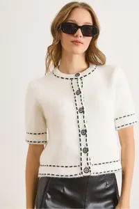 Olalook Women's White Stripe Detailed Soft Textured Crop Beard Cardigan