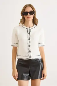 Olalook Women's White Stripe Detailed Soft Textured Crop Beard Cardigan - Image 2