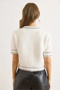 Olalook Women's White Stripe Detailed Soft Textured Crop Beard Cardigan - Image 3