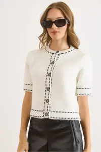 Olalook Women's White Stripe Detailed Soft Textured Crop Beard Cardigan - Image 5