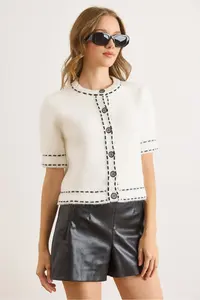 Olalook Women's White Stripe Detailed Soft Textured Crop Beard Cardigan - Image 6