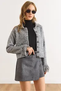Olalook Women's Smoked Cuff Fringed Gray Knitwear Cardigan