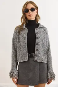 Olalook Women's Smoked Cuff Fringed Gray Knitwear Cardigan - Image 2