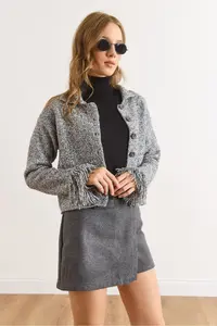 Olalook Women's Smoked Cuff Fringed Gray Knitwear Cardigan - Image 3