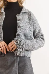 Olalook Women's Smoked Cuff Fringed Gray Knitwear Cardigan - Image 5