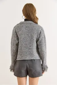 Olalook Women's Smoked Cuff Fringed Gray Knitwear Cardigan - Image 6