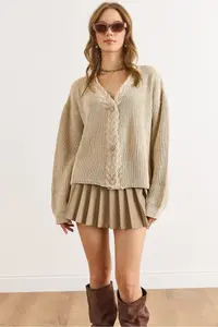 Olalook Women's Beige Hair Braid Detailed Knitwear Cardigan