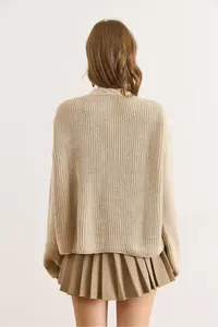 Olalook Women's Beige Hair Braid Detailed Knitwear Cardigan - Image 2