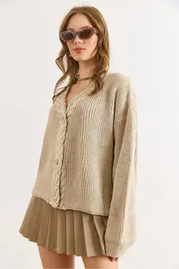 Olalook Women's Beige Hair Braid Detailed Knitwear Cardigan - Image 3