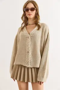 Olalook Women's Beige Hair Braid Detailed Knitwear Cardigan - Image 4