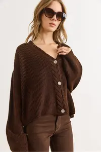 Olalook Women's Brown Hair Braid Detailed Knitwear Cardigan - Image 2