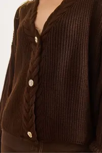 Olalook Women's Brown Hair Braid Detailed Knitwear Cardigan - Image 4