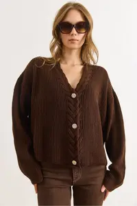 Olalook Women's Brown Hair Braid Detailed Knitwear Cardigan - Image 5