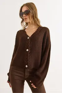 Olalook Women's Brown Hair Braid Detailed Knitwear Cardigan - Image 6
