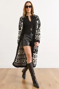 Olalook Women's Black Ecru Ethnic Pattern Soft Textured Long Knitwear Cardigan