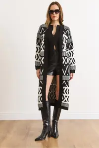 Olalook Women's Black Ecru Ethnic Pattern Soft Textured Long Knitwear Cardigan - Image 2