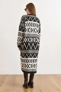 Olalook Women's Black Ecru Ethnic Pattern Soft Textured Long Knitwear Cardigan - Image 3