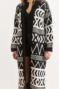 Olalook Women's Black Ecru Ethnic Pattern Soft Textured Long Knitwear Cardigan - Image 4