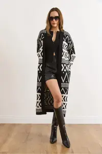 Olalook Women's Black Ecru Ethnic Pattern Soft Textured Long Knitwear Cardigan - Image 5