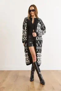 Olalook Women's Black Ecru Ethnic Pattern Soft Textured Long Knitwear Cardigan - Image 6