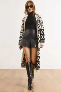 Olalook Women's Ecru Black Ethnic Pattern Soft Textured Long Knitwear Cardigan