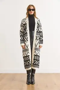 Olalook Women's Ecru Black Ethnic Pattern Soft Textured Long Knitwear Cardigan - Image 2