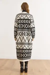 Olalook Women's Ecru Black Ethnic Pattern Soft Textured Long Knitwear Cardigan - Image 3