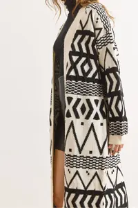 Olalook Women's Ecru Black Ethnic Pattern Soft Textured Long Knitwear Cardigan - Image 4