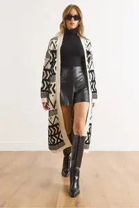 Olalook Women's Ecru Black Ethnic Pattern Soft Textured Long Knitwear Cardigan - Image 5