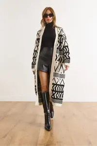 Olalook Women's Ecru Black Ethnic Pattern Soft Textured Long Knitwear Cardigan - Image 6