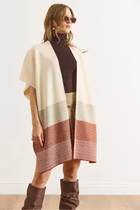 Olalook Women Ecru Zikzak Patterned Poncho Cardigan