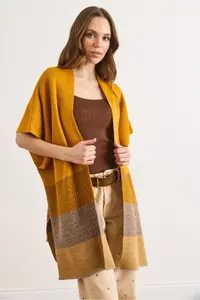 Olalook Women's Mustard Zigzag Patterned Poncho Cardigan - Image 3