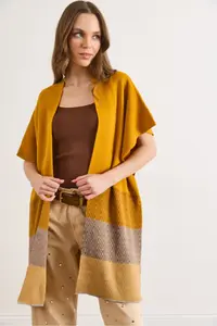 Olalook Women's Mustard Zigzag Patterned Poncho Cardigan - Image 4
